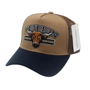 Retro Mesh-Trucker-Cap mit Stier-Stickerei in Khaki und Marineblau für Outdoor-Freizeit