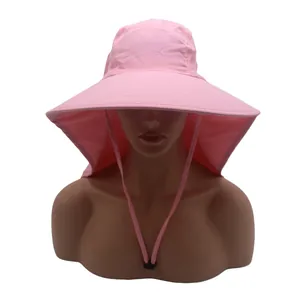 Detail of pink wide brim sun hat with neck flap protection and adjustable windproof cord