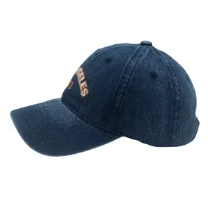 Detail of Los Angeles 1998 orange embroidery on washed denim baseball cap side