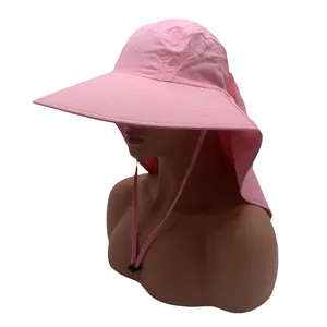 Detail showing pink outdoor sun hat with wide brim, neck flap, and breathable mesh vents
