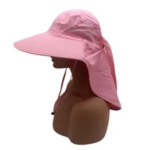 Close-up of pink sun hat featuring a wide brim, mesh vents and long protective neck flap