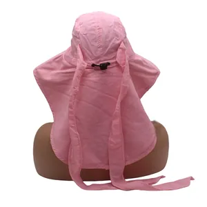 Rear view of pink outdoor sun hat with wide neck flap and adjustable drawcord detail