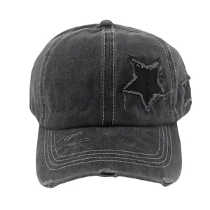 Washed Cotton Distressed Ponytail Baseball Cap For Women Glitter Star Patch Adjustable Vintage Sun Hat Outdoor Streetwear