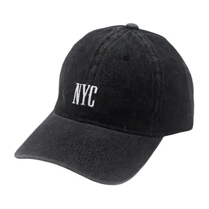 Vintage gewaschene dunkelgraue Denim-Baseballkappe mit weißer NYC-Stickerei