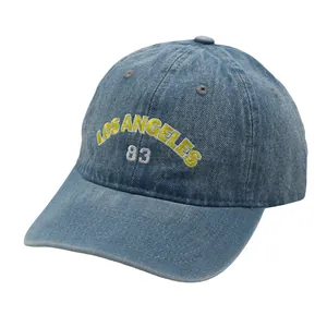 Light blue washed denim baseball cap with Los Angeles embroidery in a 45-degree view