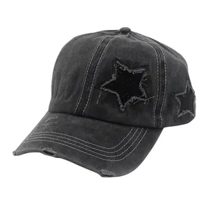 Vintage washed charcoal baseball cap with distressed star patches and contrast stitching