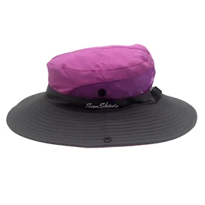 Detail of outdoor sun hat with purple mesh ventilation and Sun Shade embroidery