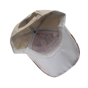 Detalle del cierre ajustable y el forro interior con estampado de oso de la gorra beige