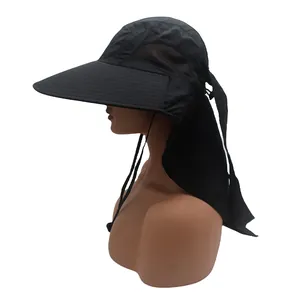 Detail view of black sun hat featuring breathable side mesh and protective neck flap