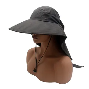 Dark grey wide brim outdoor sun hat with neck flap and breathable mesh for fishing and hiking