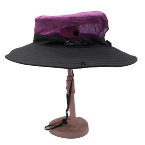 Detail of purple mesh vents and Sun Shade embroidery on outdoor ponytail sun hat