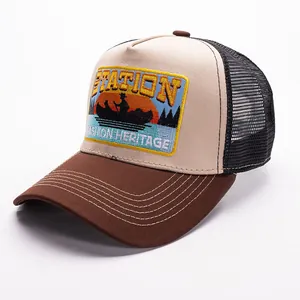 Retro STATION embroidery trucker hat with mesh back and scenic forest sunset patch