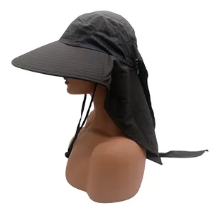 Detail of dark grey sun hat featuring breathable mesh panels and long neck protection flap