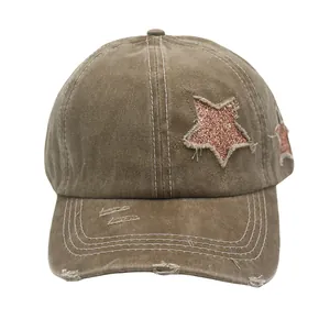 Vintage washed ponytail baseball cap with distressed star patch and sparkly sequins
