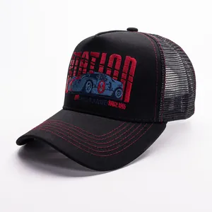 Vintage car embroidery trucker hat with red mesh and STATION lettering detail