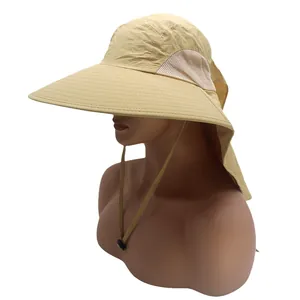 Outdoor khaki sun hat with wide brim, neck flap and breathable mesh side panels