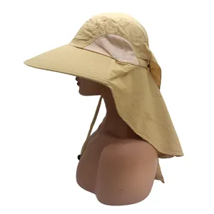 Detail of khaki outdoor fishing hat with neck flap, breathable mesh, and adjustable cord