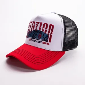 Detail of vintage racer trucket hat with red brim and Endurance embroidery on white panel