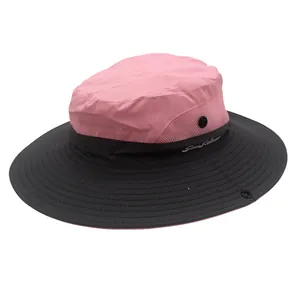 Detail of pink and grey ponytail sun hat showing breathable mesh and Sunshine logo