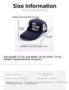 Tableau de mesures pour casquette de baseball en coton bleu marine brodée en 3D