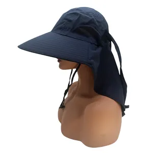 Detail of dark blue outdoor fishing hat showing breathable mesh and wide sun protection brim