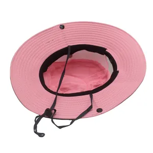 Pink sun hat detail showing inner breathable mesh lining and adjustable chin strap
