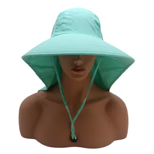 Detail of mint green outdoor sun hat with neck protection flap and adjustable chin strap