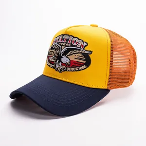 Casquette de camionneur rétro américaine avec broderie aigle et maille en jaune et bleu