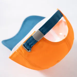 Detail van de verstelbare metalen gesp en band op de tweekleurige katoenen honkbalpet