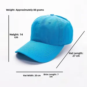 Detailed size chart showing dimensions and 88g weight for light blue cotton baseball cap