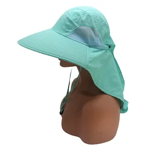 Detail of outdoor sun hat with mint green fabric, breathable mesh and neck protection flap