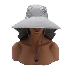 Detail showing the adjustable windproof drawstring on the light grey outdoor sun hat