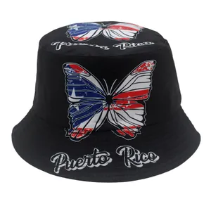 Detail of Puerto Rico flag butterfly print on a black cotton bucket hat for sun protection