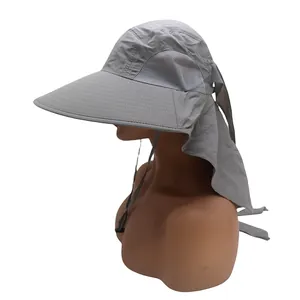 Detail view of breathable grey outdoor sun hat with wide brim and mesh side panels