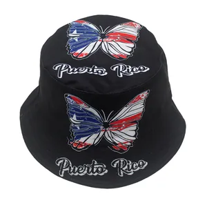 Unisex black bucket hat with Puerto Rico flag butterfly print for outdoor sun protection