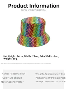 Detailed size chart showing dimensions for colorful fish scale pattern bucket hat