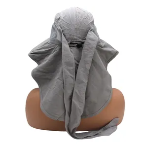 Detail view of breathable mesh and adjustable drawstring on grey sun protection hat