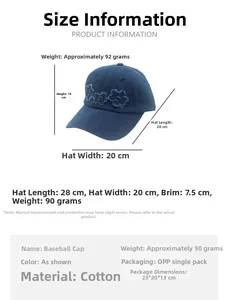Detaillierte Größentabelle für die bestickte Baseballkappe aus Denim mit Maßen