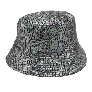 Detailed view of iridescent silver bucket hat with textured faux crocodile leather pattern