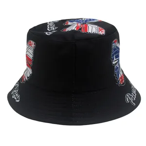 Detail of black bucket hat featuring butterfly prints with Puerto Rico flag colors