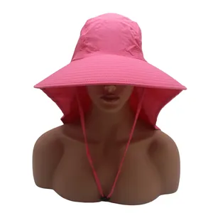 Detail of pink outdoor sun hat with wide brim, neck flap and adjustable windproof cord