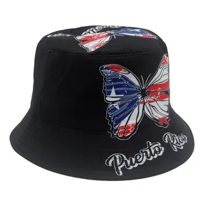 Close-up of Puerto Rico butterfly print and artistic lettering on black bucket hat