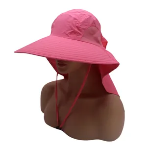 Detail view of pink sun hat with breathable mesh and protective neck flap for outdoors