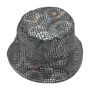 Macro detail of silver laser textured bucket hat with reflective snakeskin scale pattern