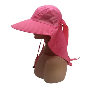 Detail of pink sun hat featuring long neck flap and breathable side mesh for UV protection