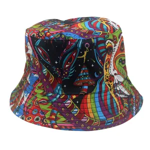 Detailed view of colorful psychedelic mushroom print on a street style bucket hat
