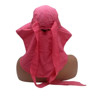 Detail of bright pink outdoor sun hat showing the breathable neck flap and adjustable buckle