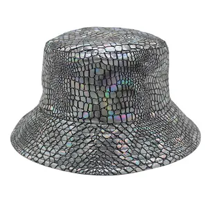 Detail of silver iridescent bucket hat with holographic crocodile texture and metallic finish