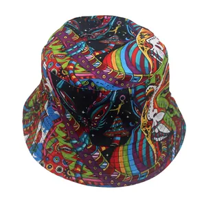 Detailed view of bucket hat with psychedelic colorful pop art print and soft fabric