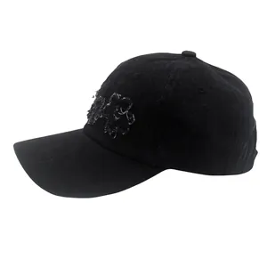 Casquette de baseball en jean délavé rétro avec bords usés et broderie noire